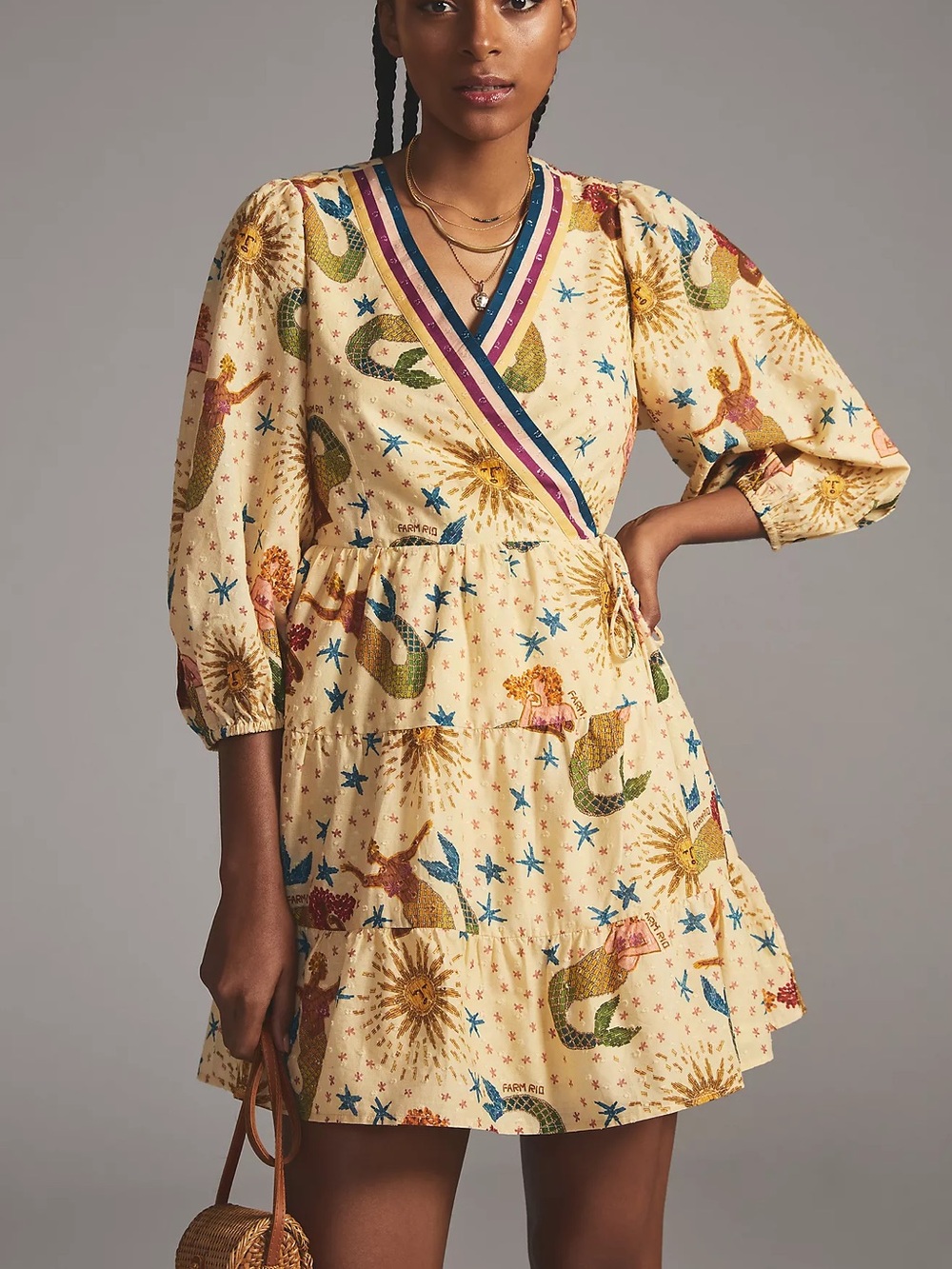 Farm Rio x Anthropologie Mermaid Print Wrap Mini Dress Size S Celestial Boho